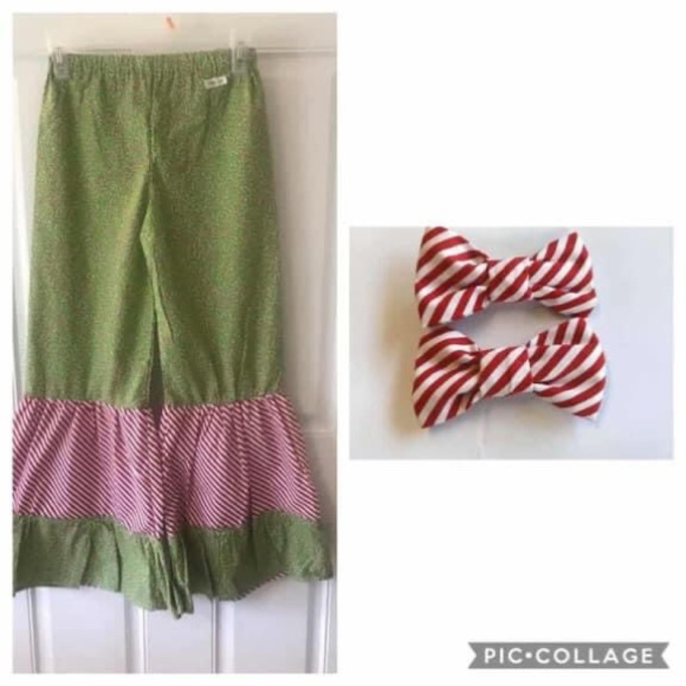 NWOT size 7 Machine sewn Green/red white candy cane ruffled Christmas pants/bows